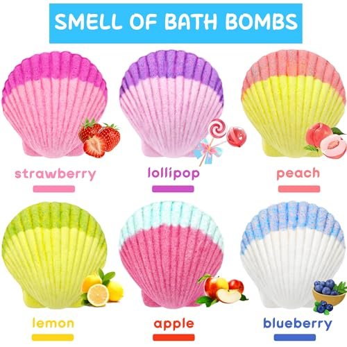 Mermaid Bath Bombs for Kids Girls with Surprise Inside - 6 Pack Natural Fizzy Princess Shell Bubble Bath Bomb Kit with Jewelry Toys, Easter Basket Stuffer Valentine Birthday Gift Set Avelisse