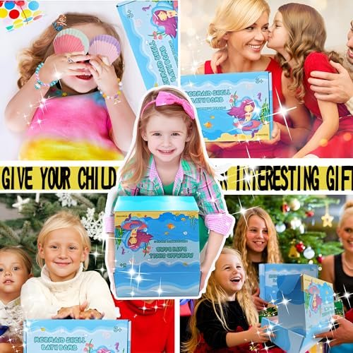 Mermaid Bath Bombs for Kids Girls with Surprise Inside - 6 Pack Natural Fizzy Princess Shell Bubble Bath Bomb Kit with Jewelry Toys, Easter Basket Stuffer Valentine Birthday Gift Set Avelisse