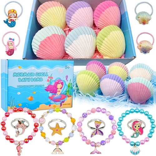 Mermaid Bath Bombs for Kids Girls with Surprise Inside - 6 Pack Natural Fizzy Princess Shell Bubble Bath Bomb Kit with Jewelry Toys, Easter Basket Stuffer Valentine Birthday Gift Set Avelisse
