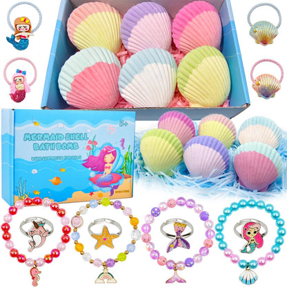 Mermaid Bath Bombs for Kids Girls with Surprise Inside - 6 Pack Natural Fizzy Princess Shell Bubble Bath Bomb Kit with Jewelry Toys, Easter Basket Stuffer Valentine Birthday Gift Set Avelisse