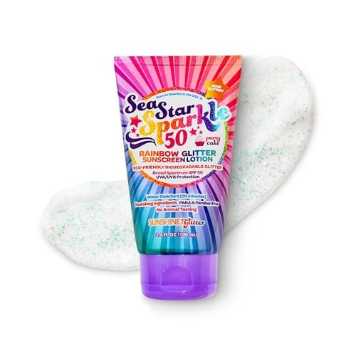 Seastar Sparkle Rainbow Party Cake Scented Glitter Sunscreen SPF 50 - Biodegradable, Water Resistant, Cruelty-Free, Made in USA - 3.4 oz Avelisse