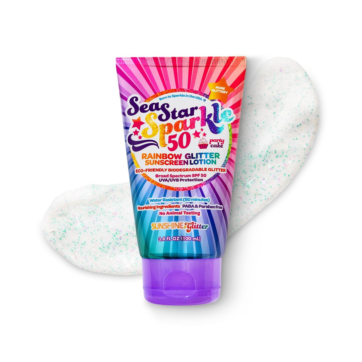 Seastar Sparkle Rainbow Party Cake Scented Glitter Sunscreen SPF 50 - Biodegradable, Water Resistant, Cruelty-Free, Made in USA - 3.4 oz Avelisse