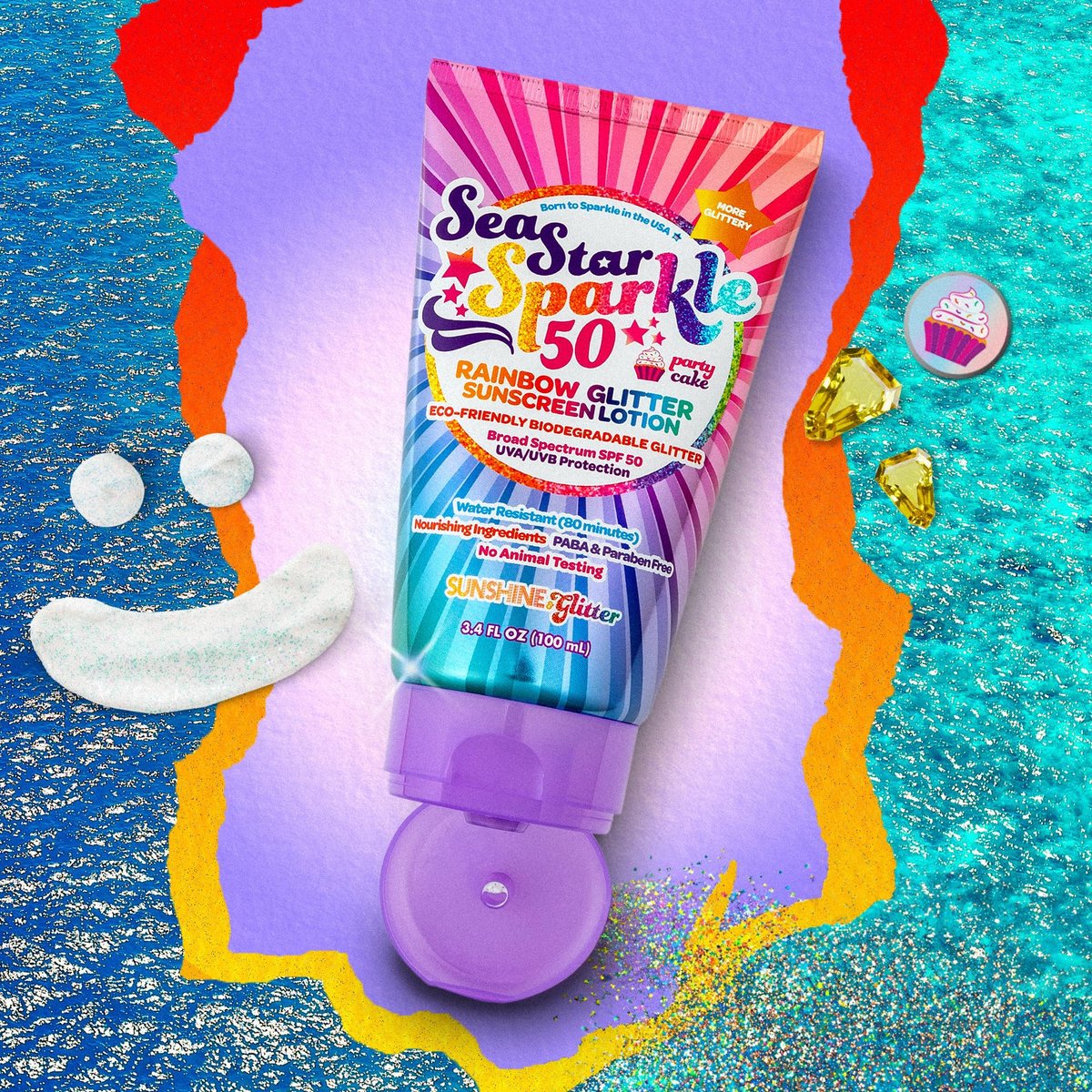 Seastar Sparkle Rainbow Party Cake Scented Glitter Sunscreen SPF 50 - Biodegradable, Water Resistant, Cruelty-Free, Made in USA - 3.4 oz Avelisse