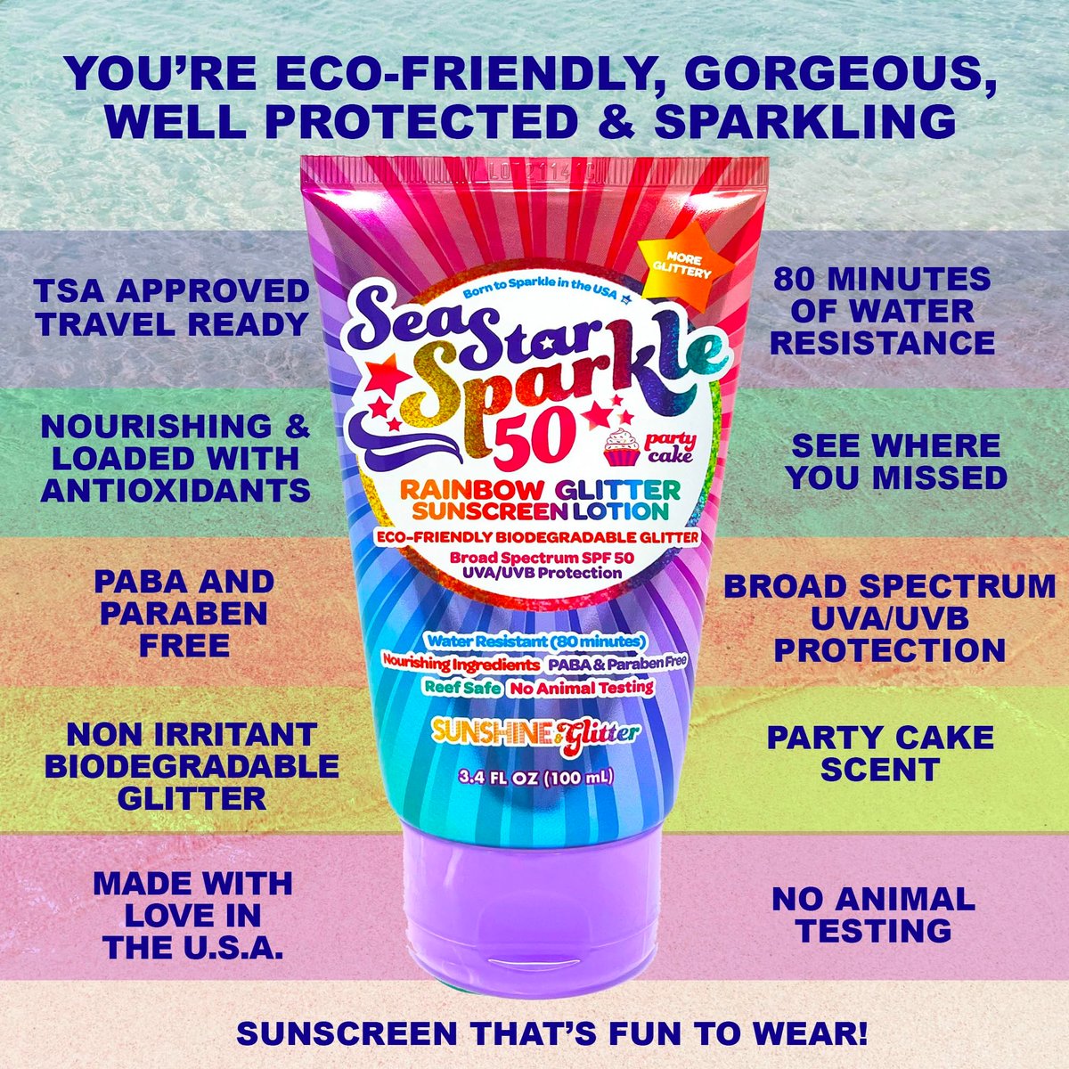 Seastar Sparkle Rainbow Party Cake Scented Glitter Sunscreen SPF 50 - Biodegradable, Water Resistant, Cruelty-Free, Made in USA - 3.4 oz Avelisse