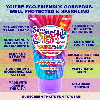Seastar Sparkle Rainbow Party Cake Scented Glitter Sunscreen SPF 50 - Biodegradable, Water Resistant, Cruelty-Free, Made in USA - 3.4 oz Avelisse