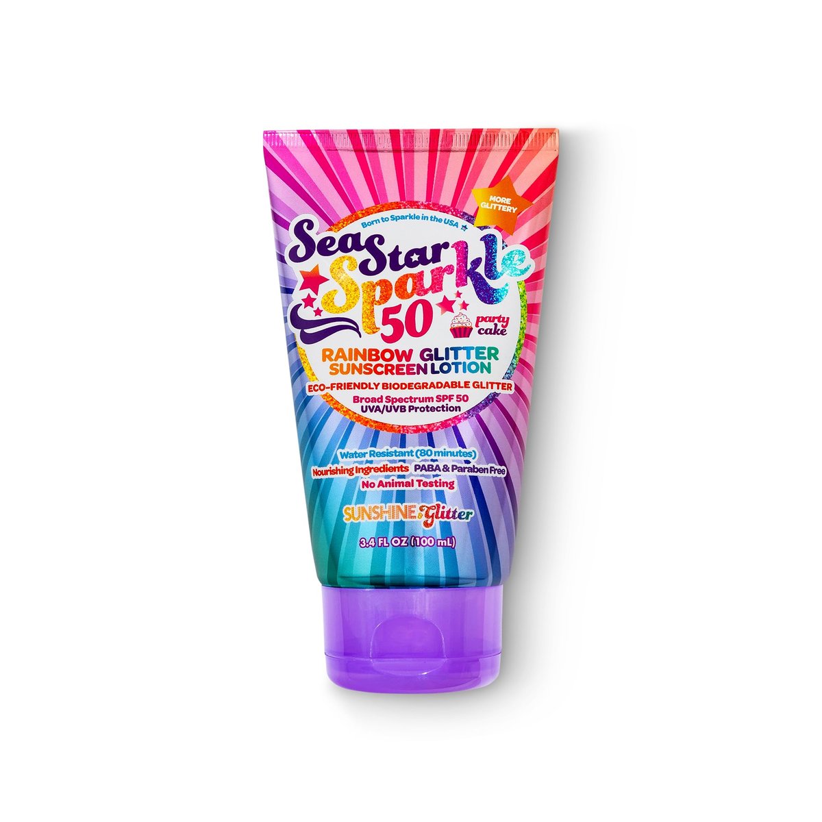 Seastar Sparkle Rainbow Party Cake Scented Glitter Sunscreen SPF 50 - Biodegradable, Water Resistant, Cruelty-Free, Made in USA - 3.4 oz Avelisse