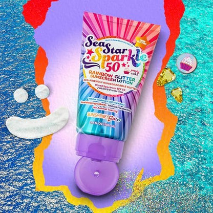 Seastar Sparkle Rainbow Party Cake Scented Glitter Sunscreen SPF 50 - Biodegradable, Water Resistant, Cruelty-Free, Made in USA - 3.4 oz Avelisse