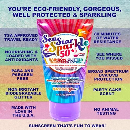 Seastar Sparkle Rainbow Party Cake Scented Glitter Sunscreen SPF 50 - Biodegradable, Water Resistant, Cruelty-Free, Made in USA - 3.4 oz Avelisse