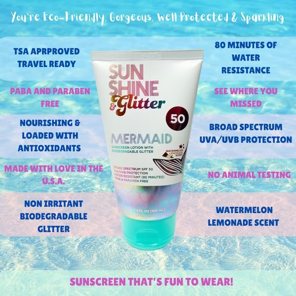 SUNSHINE & Glitter Seastar Sparkle Mermaid Watermelon Lemonade Scented SPF 50 Sunscreen Lotion with Biodegradable Glitter - Water Resistant, Cruelty Free, Kid Safe, Made in USA, 3.4 oz Avelisse