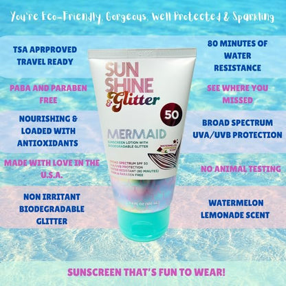 SUNSHINE & Glitter Seastar Sparkle Mermaid Watermelon Lemonade Scented SPF 50 Sunscreen Lotion with Biodegradable Glitter - Water Resistant, Cruelty Free, Kid Safe, Made in USA, 3.4 oz Avelisse