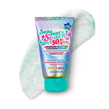SUNSHINE & Glitter Seastar Sparkle Mermaid Watermelon Lemonade Scented SPF 50 Sunscreen Lotion with Biodegradable Glitter - Water Resistant, Cruelty Free, Kid Safe, Made in USA, 3.4 oz Avelisse
