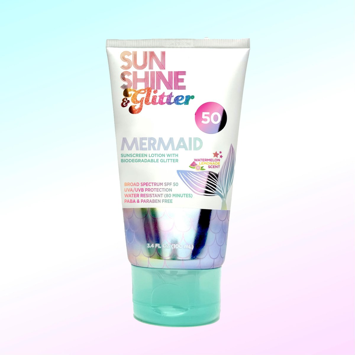 SUNSHINE & Glitter Seastar Sparkle Mermaid Watermelon Lemonade Scented SPF 50 Sunscreen Lotion with Biodegradable Glitter - Water Resistant, Cruelty Free, Kid Safe, Made in USA, 3.4 oz Avelisse
