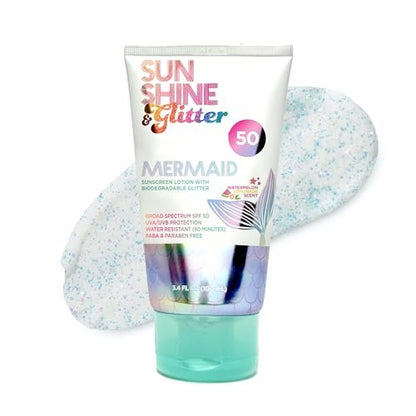 SUNSHINE & Glitter Seastar Sparkle Mermaid Watermelon Lemonade Scented SPF 50 Sunscreen Lotion with Biodegradable Glitter - Water Resistant, Cruelty Free, Kid Safe, Made in USA, 3.4 oz Avelisse