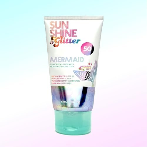 SUNSHINE & Glitter Seastar Sparkle Mermaid Watermelon Lemonade Scented SPF 50 Sunscreen Lotion with Biodegradable Glitter - Water Resistant, Cruelty Free, Kid Safe, Made in USA, 3.4 oz Avelisse