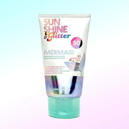 SUNSHINE & Glitter Seastar Sparkle Mermaid Watermelon Lemonade Scented SPF 50 Sunscreen Lotion with Biodegradable Glitter - Water Resistant, Cruelty Free, Kid Safe, Made in USA, 3.4 oz Avelisse