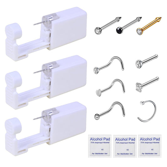 HYJLPAF Nose Piercing Kit - 3 Pack Self Piercing Gun, Disposable Safety Kit with Nose Rings and Studs