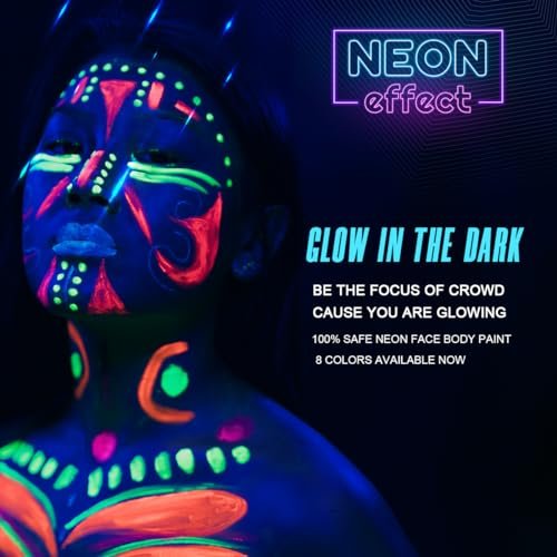 Bowitzki UV Neon Face and Body Paint Kit - 8 x 30ml Fluorescent Blacklight Reactive Makeup for Adults, Music Festivals, Parties, Halloween, and Christmas Avelisse