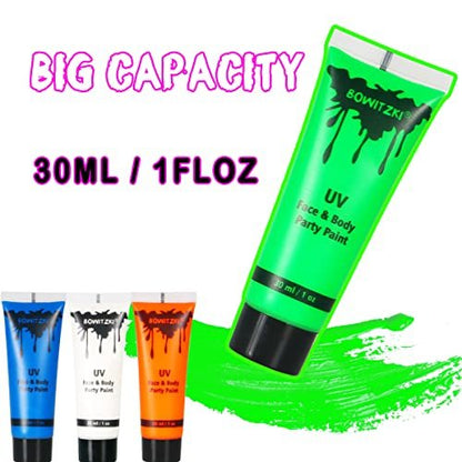 Bowitzki UV Neon Face and Body Paint Kit - 8 x 30ml Fluorescent Blacklight Reactive Makeup for Adults, Music Festivals, Parties, Halloween, and Christmas Avelisse