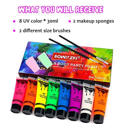 Bowitzki UV Neon Face and Body Paint Kit - 8 x 30ml Fluorescent Blacklight Reactive Makeup for Adults, Music Festivals, Parties, Halloween, and Christmas Avelisse