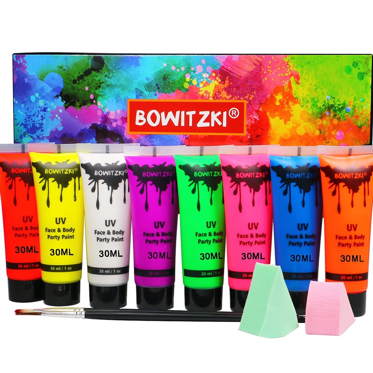 Bowitzki UV Neon Face and Body Paint Kit - 8 x 30ml Fluorescent Blacklight Reactive Makeup for Adults, Music Festivals, Parties, Halloween, and Christmas Avelisse