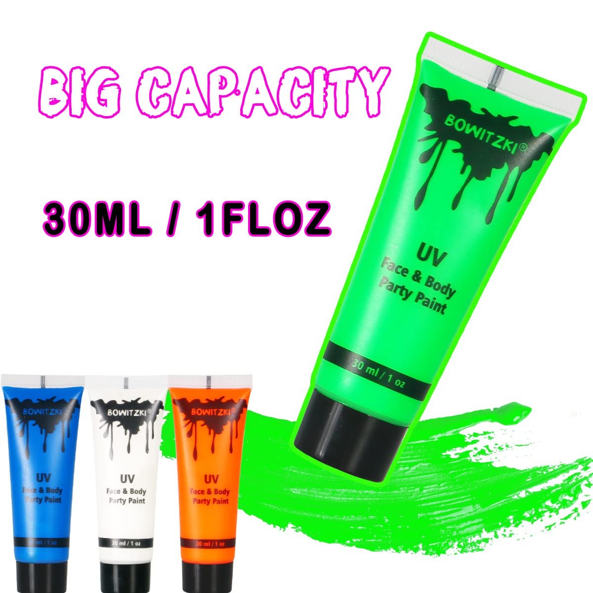 Bowitzki UV Neon Face and Body Paint Kit - 8 x 30ml Fluorescent Blacklight Reactive Makeup for Adults, Music Festivals, Parties, Halloween, and Christmas Avelisse