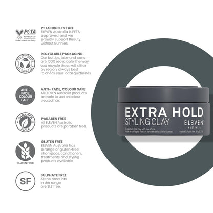ELEVEN AUSTRALIA Extra Hold Styling Hair Clay for Men and Women - Maximum Hold, Matte Finish, Texture, Long-Lasting Definition, 3 oz