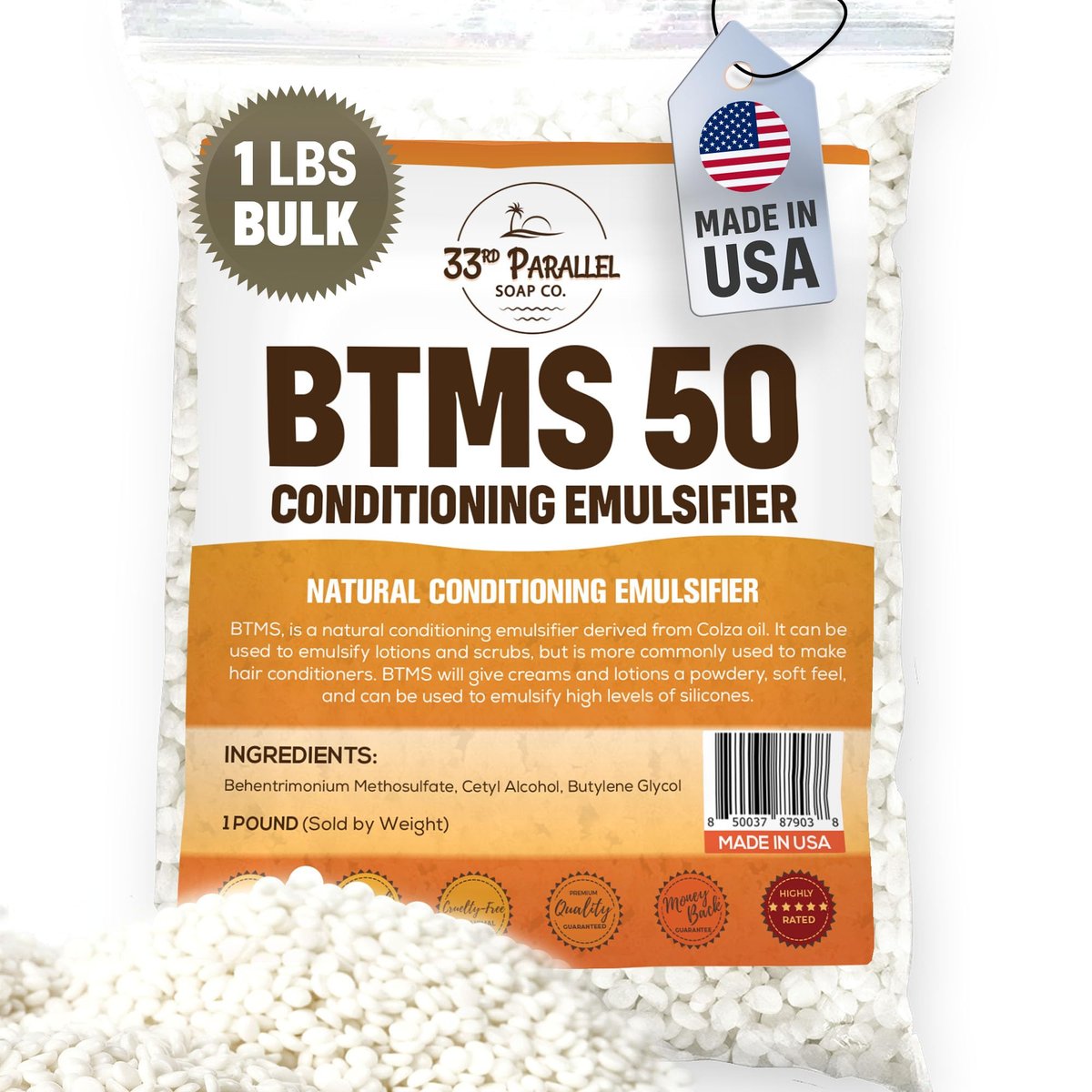 33rd PARALLEL BTMS 50 Conditioning Emulsifier - 1 LBS (16 Oz) - 100% Natural Plant Derived Behentrimonium Methosulfate Cetearyl Alcohol - USA Made Avelisse