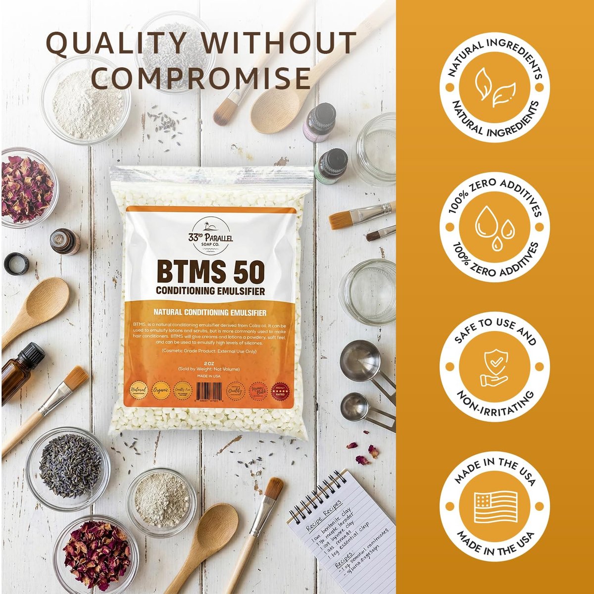 33rd PARALLEL BTMS 50 Conditioning Emulsifier - 1 LBS (16 Oz) - 100% Natural Plant Derived Behentrimonium Methosulfate Cetearyl Alcohol - USA Made Avelisse