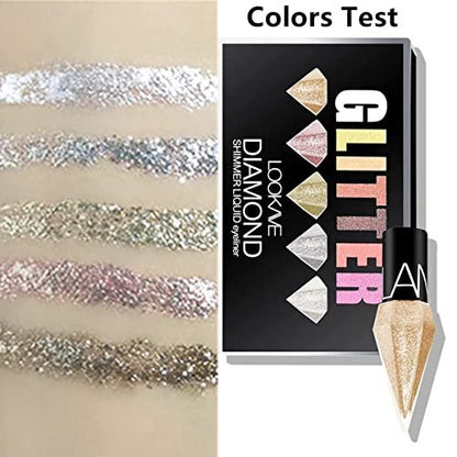 Go Ho Glitter Liquid Eyeliner Set - 5 Colorful Metallic Shimmer Eyeliners: White, Silver, Gold, Diamond - Waterproof Long Lasting Sparkle Eye Makeup
