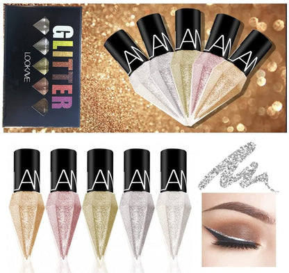 Go Ho Glitter Liquid Eyeliner Set - 5 Colorful Metallic Shimmer Eyeliners: White, Silver, Gold, Diamond - Waterproof Long Lasting Sparkle Eye Makeup