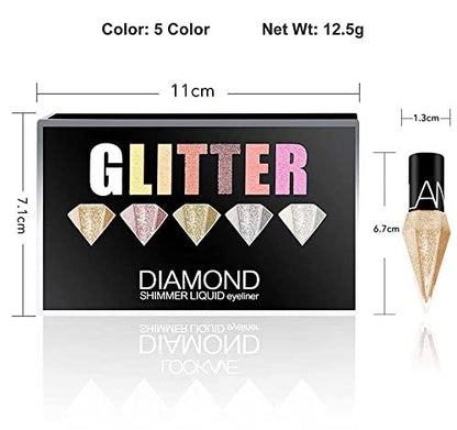Go Ho Glitter Liquid Eyeliner Set - 5 Colorful Metallic Shimmer Eyeliners: White, Silver, Gold, Diamond - Waterproof Long Lasting Sparkle Eye Makeup