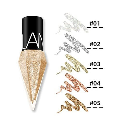 Go Ho Glitter Liquid Eyeliner Set - 5 Colorful Metallic Shimmer Eyeliners: White, Silver, Gold, Diamond - Waterproof Long Lasting Sparkle Eye Makeup