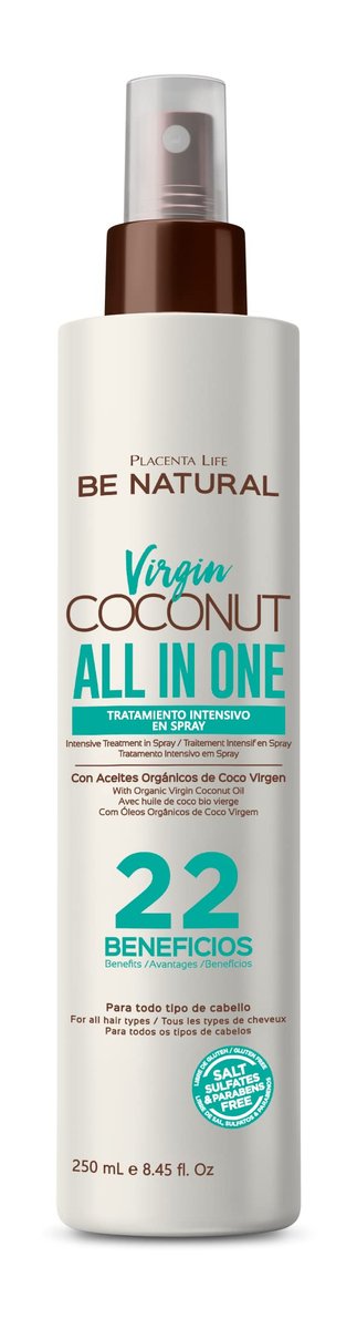 PLACENTA LIFE BE NATURAL VIRGIN COCONUT ALL IN ONE 22 Benefits - Intensive Treatment Spray with Organic Virgin Coconut Oil - For All Hair Types (8.45 fl oz) - görsel 1