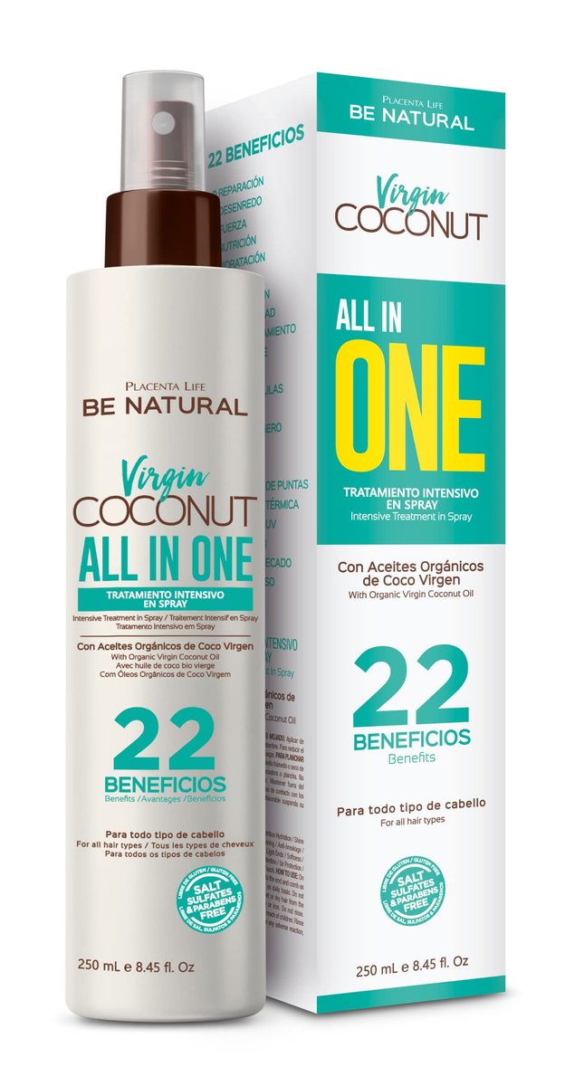PLACENTA LIFE BE NATURAL VIRGIN COCONUT ALL IN ONE 22 Benefits - Intensive Treatment Spray with Organic Virgin Coconut Oil - For All Hair Types (8.45 fl oz) - görsel 7