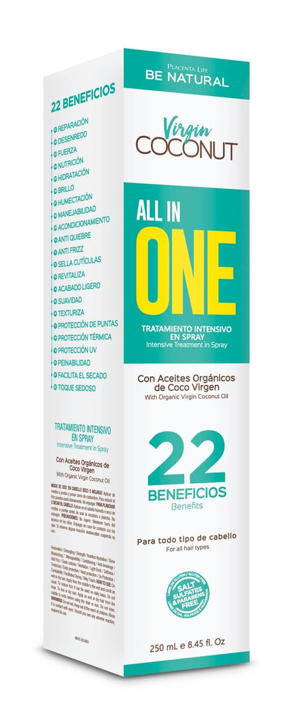PLACENTA LIFE BE NATURAL VIRGIN COCONUT ALL IN ONE 22 Benefits - Intensive Treatment Spray with Organic Virgin Coconut Oil - For All Hair Types (8.45 fl oz)