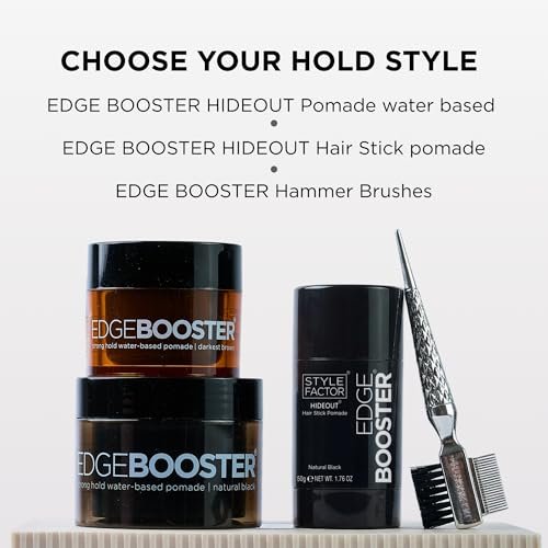 Style Factor EDGE BOOSTER HIDEOUT Water-Based Pomade - Strong Hold & Instant Gray Coverage for Edges, Flyaways & Roots - High Shine Finish - Natural Black - 3.38 oz Avelisse