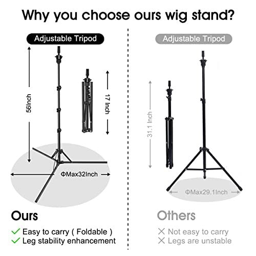 LNASI Mannequin Head Stand – Foldable Wig Stand Tripod for Hairdressing Training, Metal Adjustable Wig Head Stand with Wig Caps, T-Pins, Comb & Hair Clips Avelisse