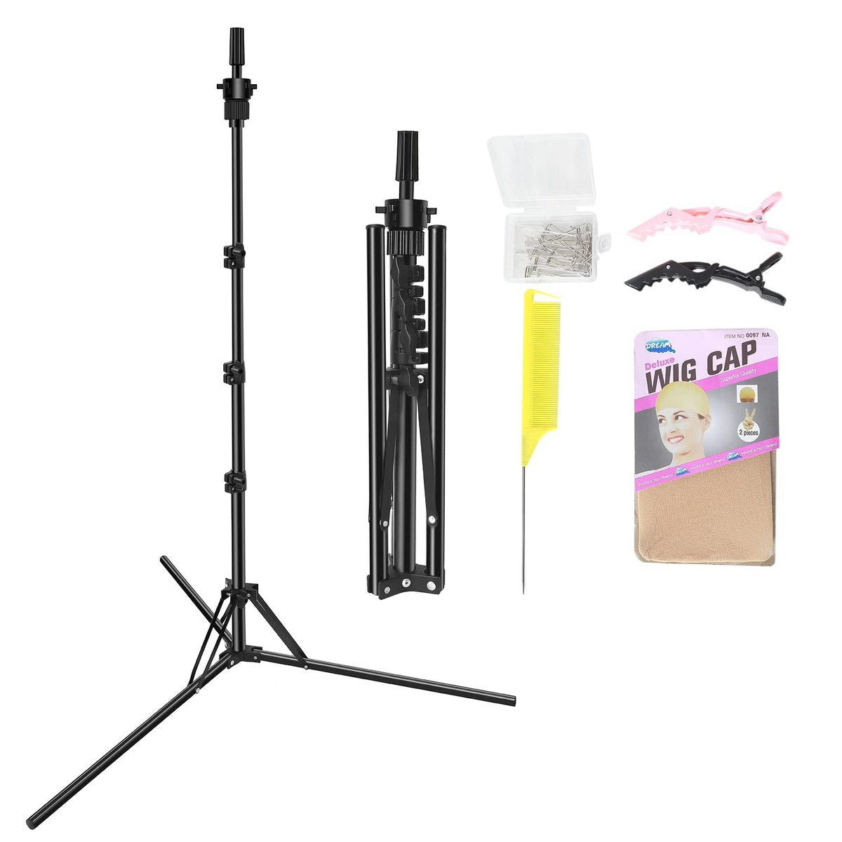 LNASI Mannequin Head Stand – Foldable Wig Stand Tripod for Hairdressing Training, Metal Adjustable Wig Head Stand with Wig Caps, T-Pins, Comb & Hair Clips Avelisse