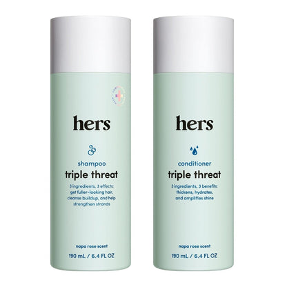 Hers Triple Threat Shampoo & Conditioner Set - Biotin, Saw Palmetto, & Pumpkin Seed Oil for Thickening & Hydration - Color-Safe, Paraben-Free, Vegan - Napa Rose Scent - 6.4 Fl Oz Each Avelisse