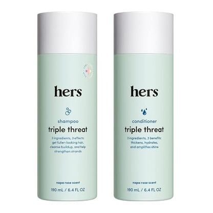 Hers Triple Threat Shampoo & Conditioner Set - Biotin, Saw Palmetto, & Pumpkin Seed Oil for Thickening & Hydration - Color-Safe, Paraben-Free, Vegan - Napa Rose Scent - 6.4 Fl Oz Each Avelisse