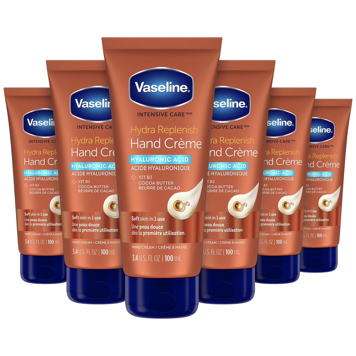 Vaseline Intensive Care Hand Crème Moisturizer for Dry Hands, Hydra Replenish with Hyaluronic Acid, Vitamin B3, and Cocoa Butter, 3.4 oz (Pack of 6) Avelisse