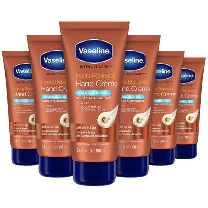 Vaseline Intensive Care Hand Crème Moisturizer for Dry Hands, Hydra Replenish with Hyaluronic Acid, Vitamin B3, and Cocoa Butter, 3.4 oz (Pack of 6) Avelisse