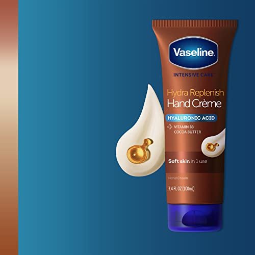 Vaseline Intensive Care Hand Crème Moisturizer for Dry Hands, Hydra Replenish with Hyaluronic Acid, Vitamin B3, and Cocoa Butter, 3.4 oz (Pack of 6) Avelisse