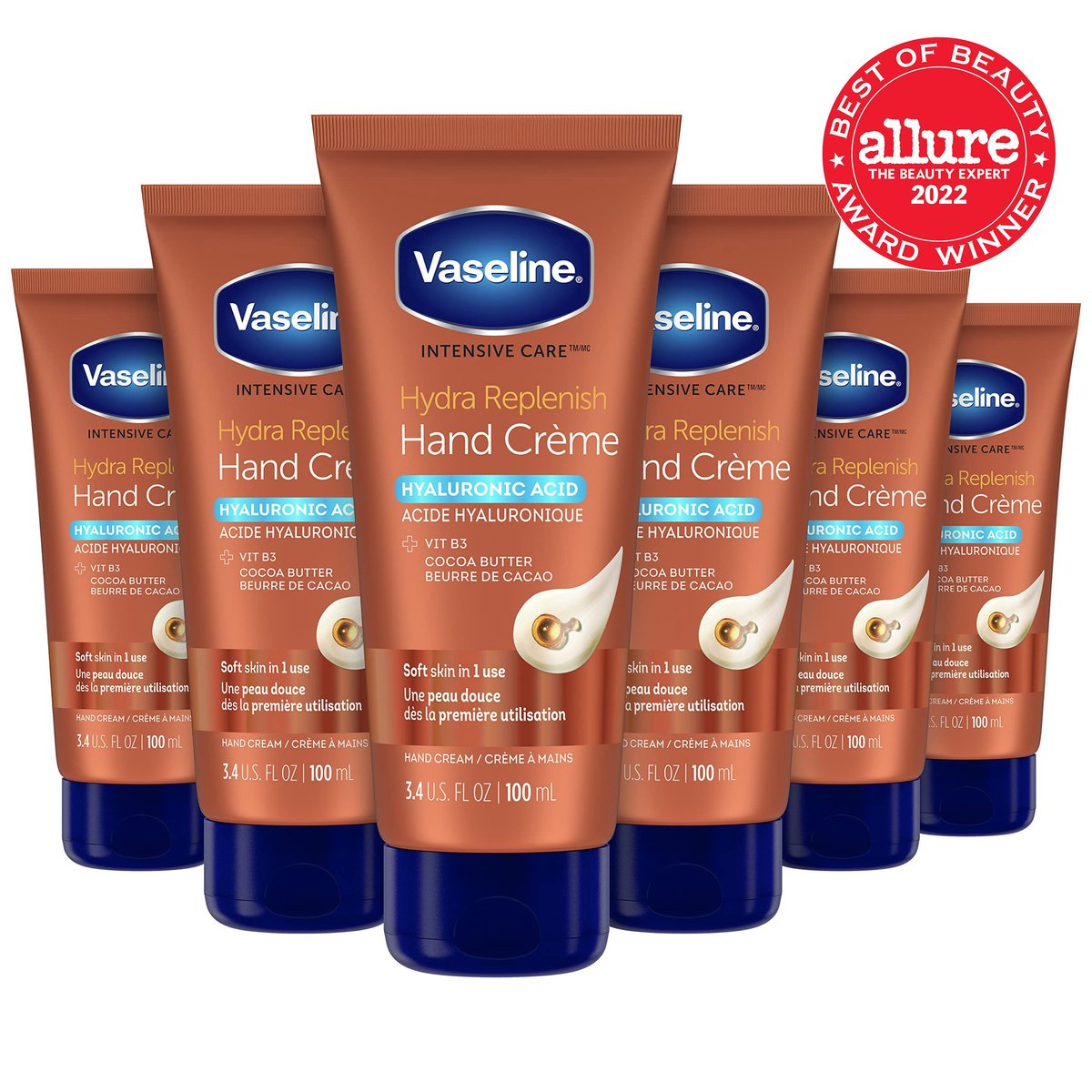 Vaseline Intensive Care Hand Crème Moisturizer for Dry Hands, Hydra Replenish with Hyaluronic Acid, Vitamin B3, and Cocoa Butter, 3.4 oz (Pack of 6) Avelisse