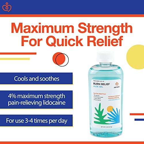Sensiv Aloe Vera Gel for Sunburn Relief with Lidocaine Maximum Strength 4% – Solar Recovery Cooling & Soothing After Sun, 4 Fl Oz Avelisse