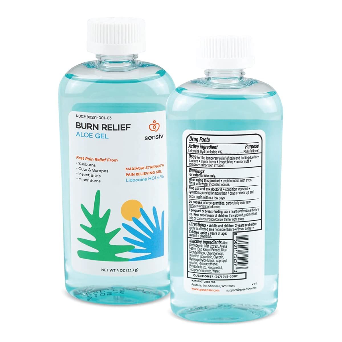 Sensiv Aloe Vera Gel for Sunburn Relief with Lidocaine Maximum Strength 4% – Solar Recovery Cooling & Soothing After Sun, 4 Fl Oz Avelisse
