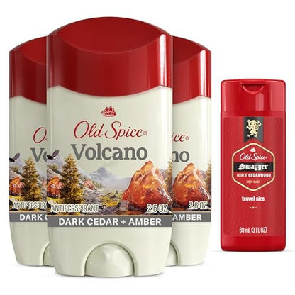 Old Spice Men's Antiperspirant & Deodorant Volcano with Charcoal, 2.6 oz (Pack of 3) + Travel-Size Swagger Body Wash Avelisse