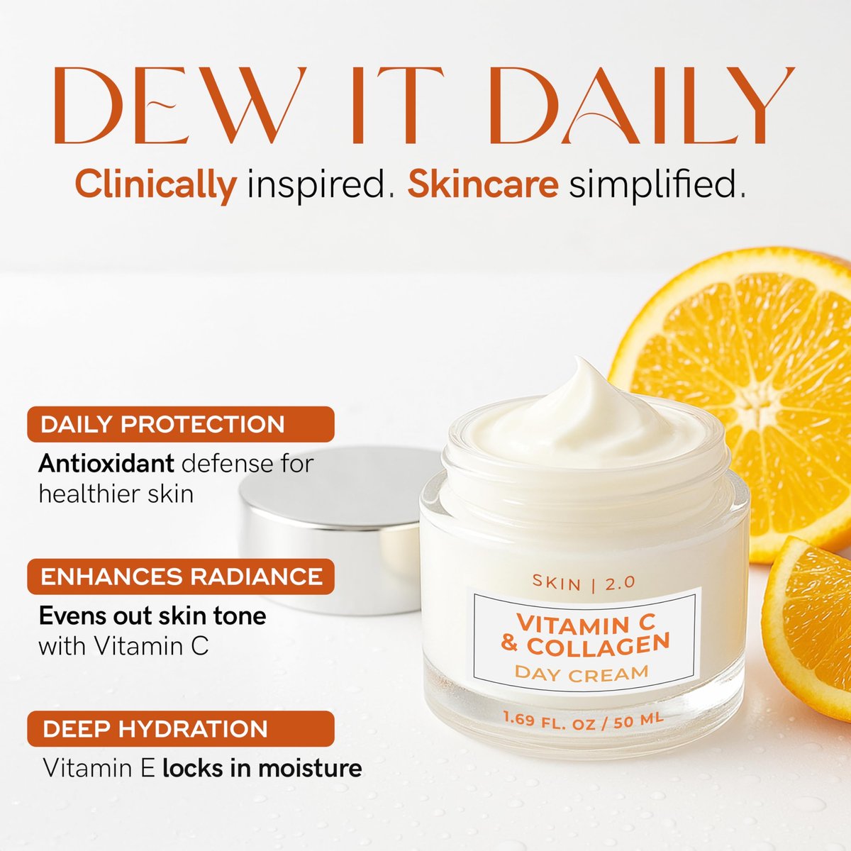 Skin 2.0 Vitamin C & Collagen Face Moisturizer - Anti-Aging, Skin Tightening, Brightening - Dermatologist Tested, Clean Beauty, Cruelty-Free, Korean Skincare - 1.69 Fl Oz - görsel 6