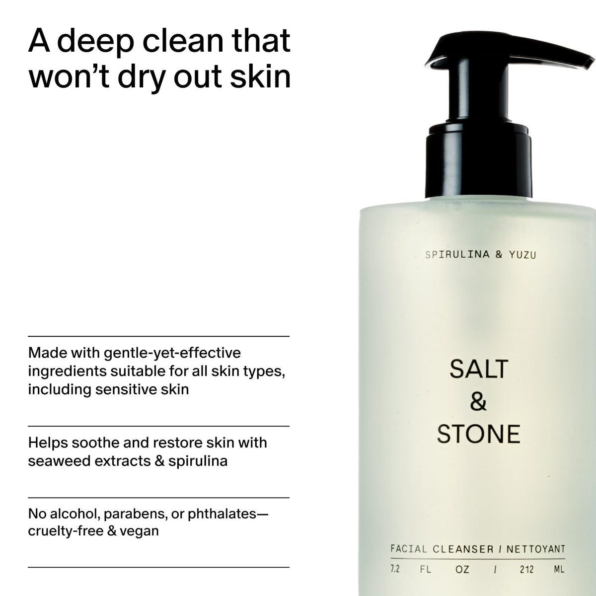Salt & Stone Facial Cleanser for Women & Men, Spirulina & Yuzu Gentle Facial Wash with Hyaluronic Acid & Squalane, For All Skin Types, Vegan & Cruelty Free, 7.2 oz Avelisse