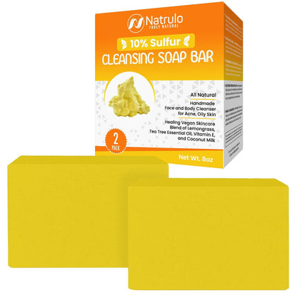 Natrulo 10% Sulfur Soap Cleansing Bar for Face & Body – All Natural Acne Treatment with Lemongrass, Tea Tree Oil & Vitamin E – Made in USA (4 oz, Pack of 2)